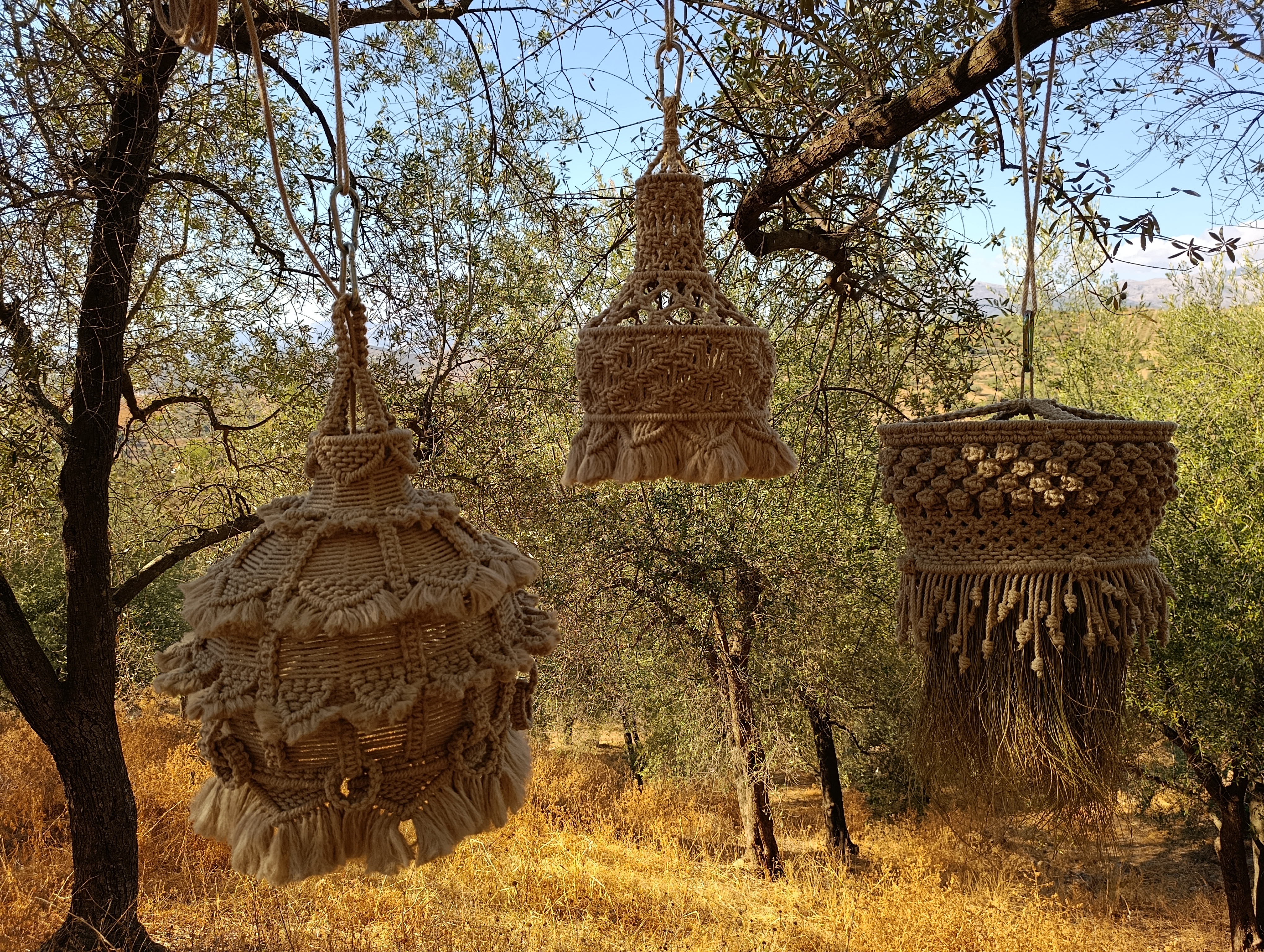 A product shot of 3 hanglamps by Koko Bamboo, in natural surroundings